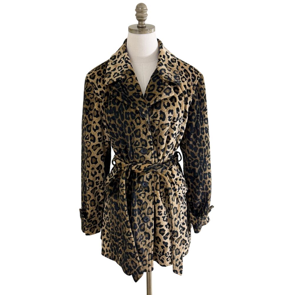Vintage Y2K Mixit Tan/Black Leopard Faux Fur Jacket Women's Large Tie Belt Waist